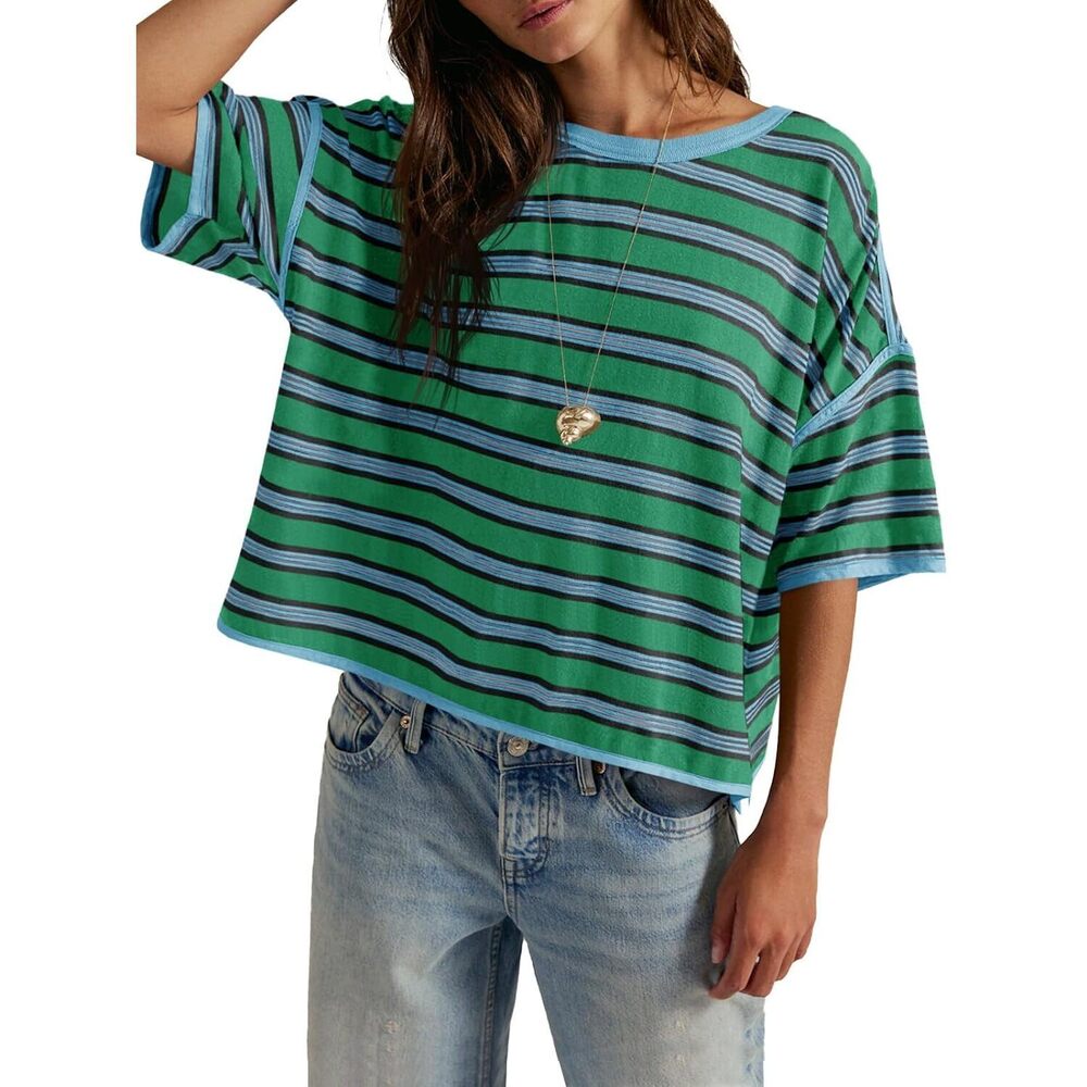 Womens Oversized Striped T-Shirts Summer Casual Color Block Short